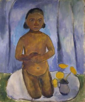 Modersohn-Becker Paula - Kniendes Kind vor blauem Vorhang 